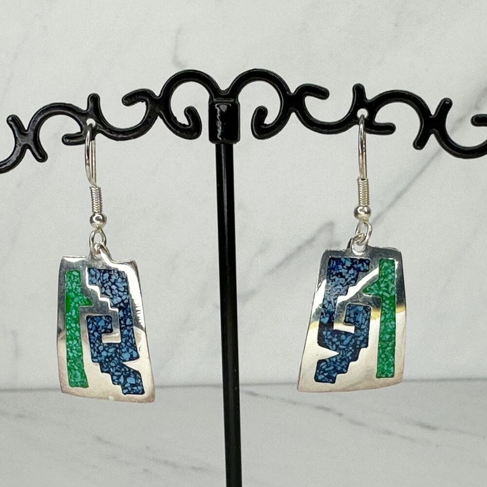 Vintage Alpaca Mexico Silver Blue Green Stone Chip Geometric Dangle Earrings ✨